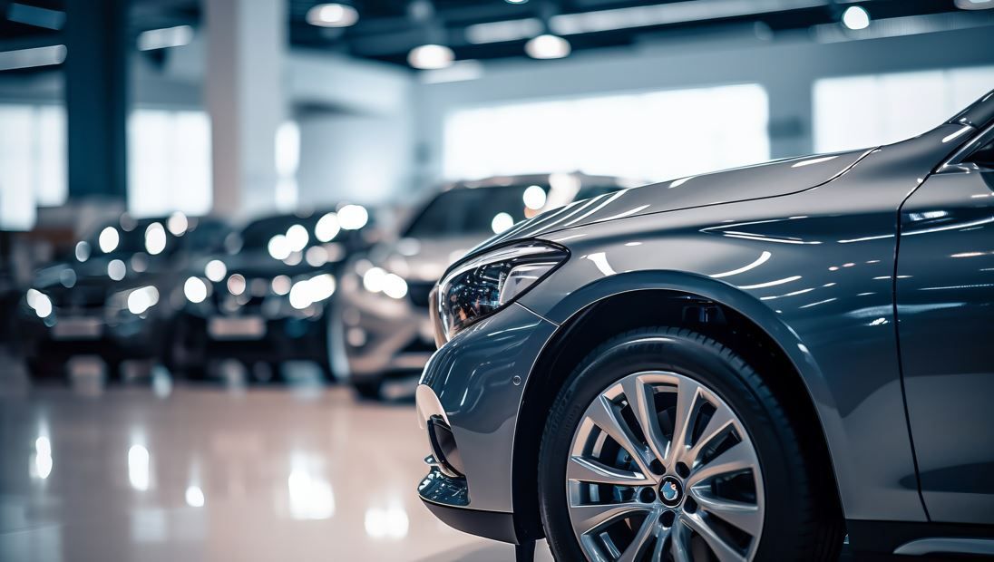 Autos exhibidos en una sala de exposición luminosa