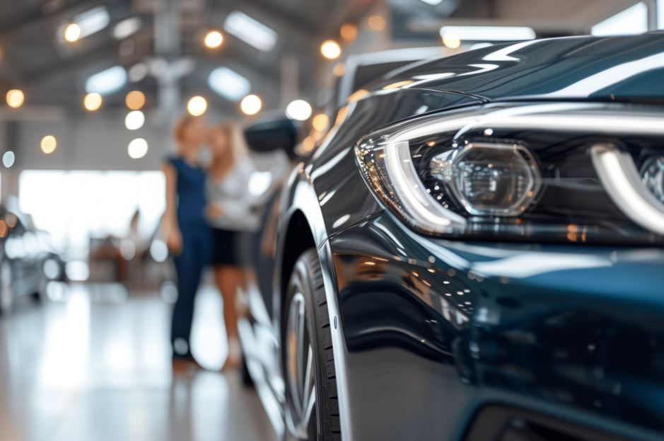 Primer plano de un automóvil azul en una sala de exposición; pareja borrosa en el fondo.