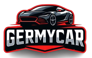 Logotipo de GERMYCAR con un coche deportivo negro sobre un escudo rojo y negro.