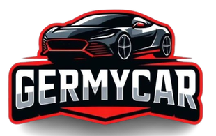 Logotipo de GERMYCAR con un coche deportivo negro sobre un escudo rojo y negro.