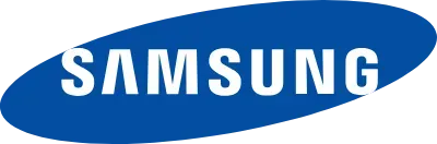 Logotipo de Samsung en blanco sobre un fondo ovalado azul.