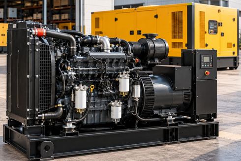 Motor diésel industrial sobre un soporte en un taller, con componentes negros y plateados y detalles amarillos.