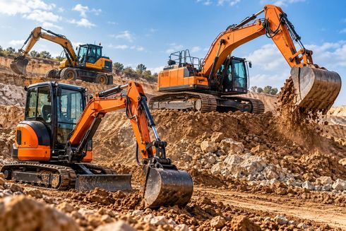 Excavadora amarilla removiendo tierra en una obra de construcción.