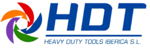 Logotipo de HDT Heavy Duty Tools Iberica SL en azul y rojo con icono de espiral multicolor
