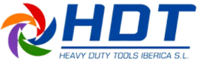 Logotipo de HDT Heavy Duty Tools Iberica SL en azul y rojo con icono de espiral multicolor