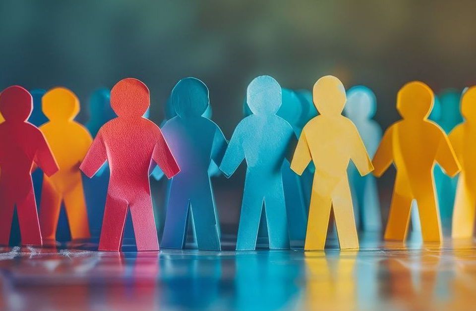 Gemeinschaft und Vielfalt – Bunte Papierfiguren symbolisieren Zusammenhalt, Integration und Teamarbeit.