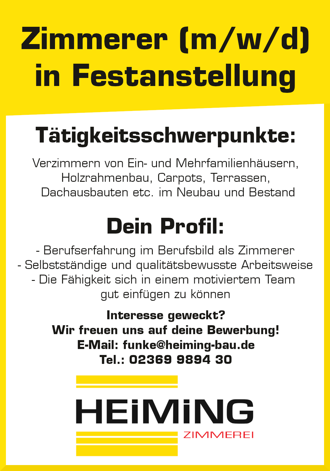 Stellenanzeige für einen Schreiner (m/w/d) in Festanstellung. Gelber Hintergrund mit Text und Logo.