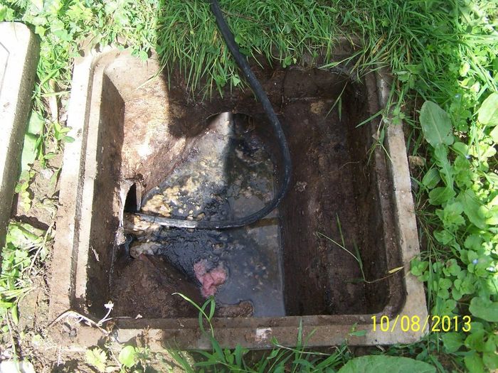 Fosse septique à ciel ouvert avec tuyau d'arrosage noir apparent et eau boueuse, encadrée de béton et de gazon.