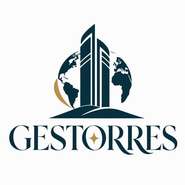 Logotipo de GESTORRES con un rascacielos estilizado y un globo terráqueo en verde azulado oscuro y dorado.