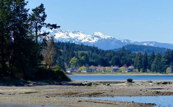 Coastal landscape with snow-capped mountains, a lake, and trees under a clear blue sky.
