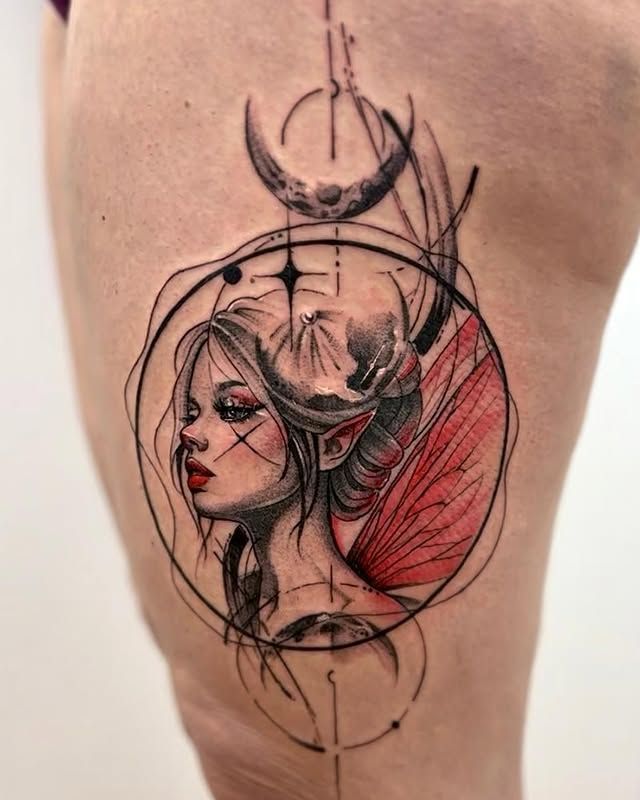 Una mujer tiene un tatuaje de un hada con cuernos y alas en la pierna.