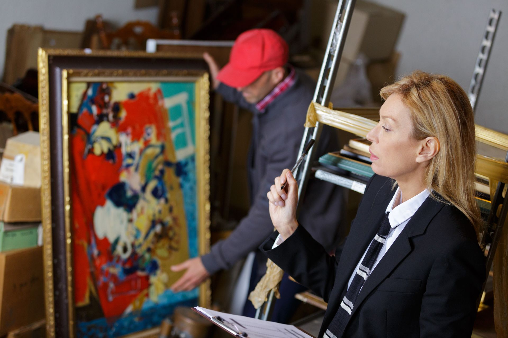 Une femme commissaire-priseur lors d'une vente d'objets d'art.