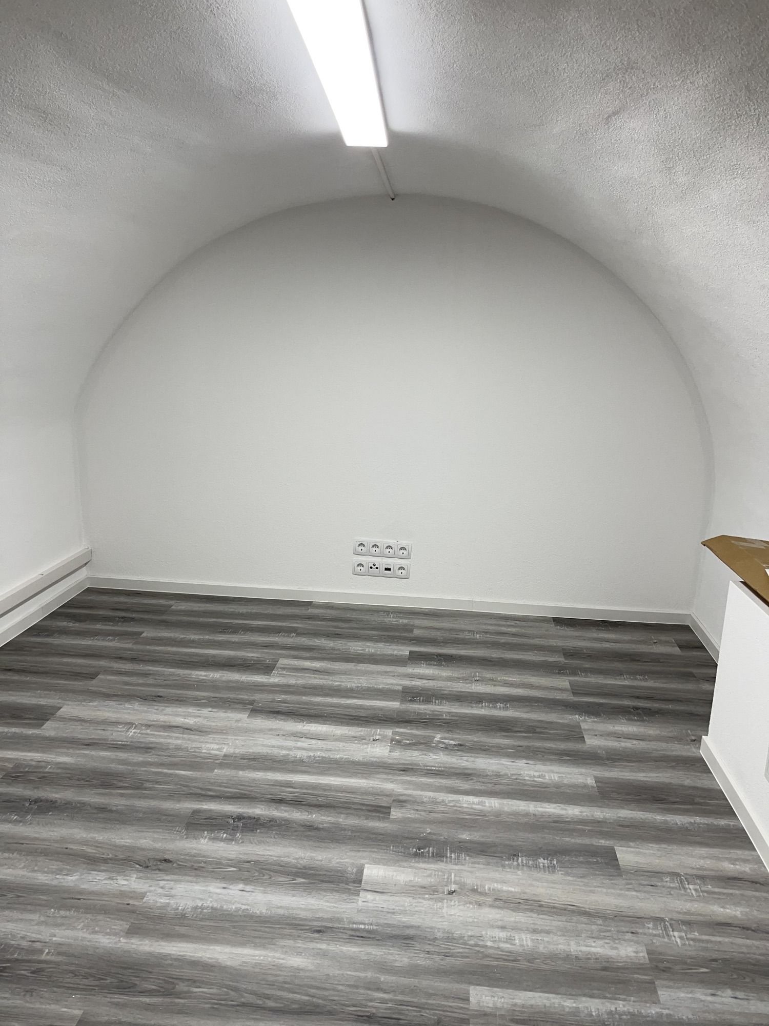 Ein Raum mit einer weißen gewölbten Decke, einem grauen Boden in Holzoptik, weißen Wänden und einer Leuchte.