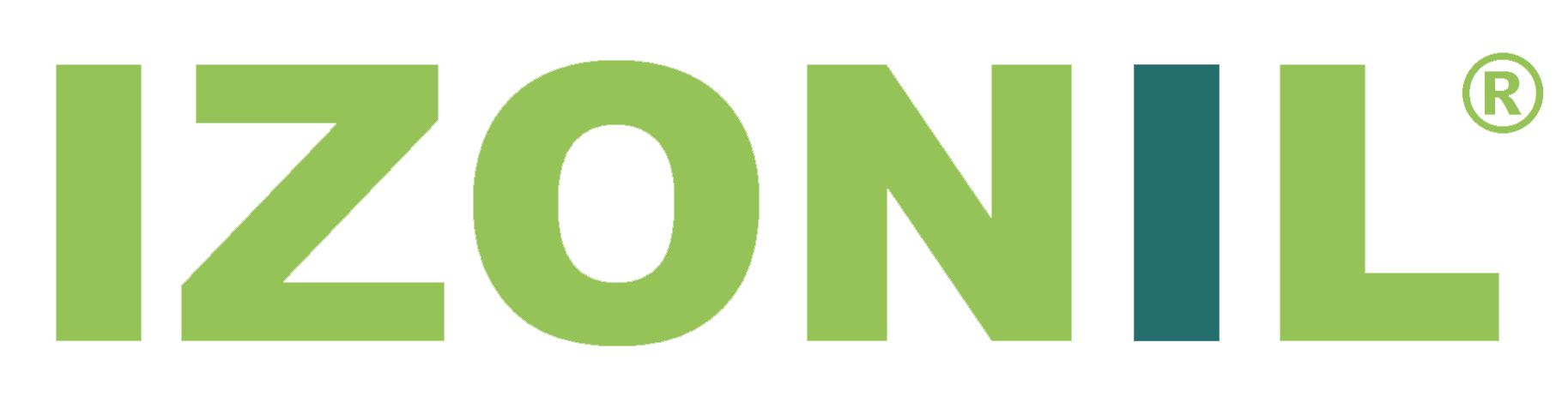 IZONIL-Logo in Grün mit einem dunkleren blaugrünen „I“ und „L“, das eingetragene Markensymbol befindet sich oben rechts.