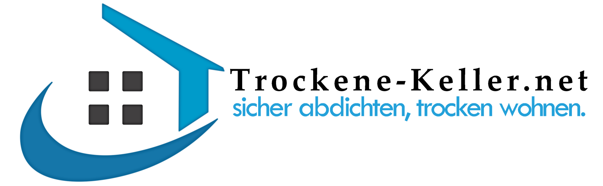 Logo for Trockene-Keller.net: blue house outline with text "sicher abdichten, trocken wohnen."