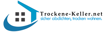 Logo for Trockene-Keller.net: blue house outline with text "sicher abdichten, trocken wohnen."