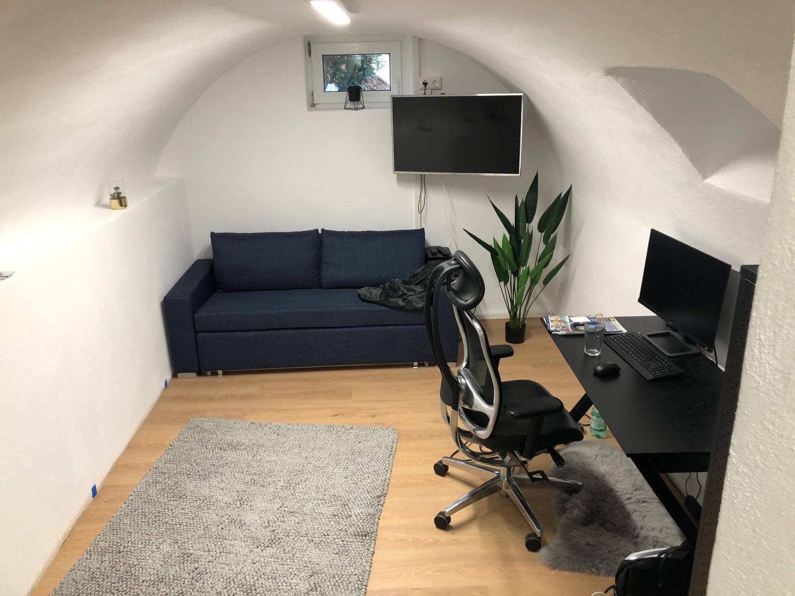Gemütliches Homeoffice mit blauem Sofa, schwarzem Schreibtisch/Stuhl, Fernseher und Pflanze in einem Raum mit weißen Wänden und gewölbter Decke.