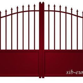 Portail en fer forgé rouge, à partie supérieure cintrée et à panneaux inférieurs pleins, centré sur un fond blanc.