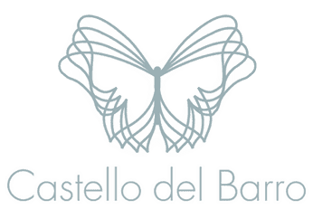 Logo für Castello del Barro: Hellblaue abstrakte Schmetterlingsform mit dem Text „Castello del Barro“ darunter.