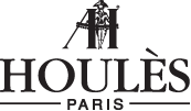 Houles Paris-Logo: „H“ mit einem Mann mit Hut, der eine Stange hält; Text „HOULÈS“ über „PARIS“.