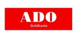 Weißes „ADO“ in fetter Schrift, über „Goldkante“ in kleinerer Schrift, innerhalb eines roten Rechtecks.