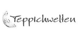 Logo für Teppichwelten, einen Teppichhändler, mit Text und einer stilisierten Globusgrafik.