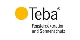Logo der Firma Teba. Links neben dem schwarzen Schriftzug „Teba“ ein gelber Kreis. Darunter „Fensterdekoration und Sonnenschutz“.