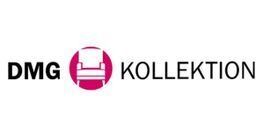 Logo für die DMG Kollektion mit Text und einem Stuhlsymbol in einem rosa Kreis.