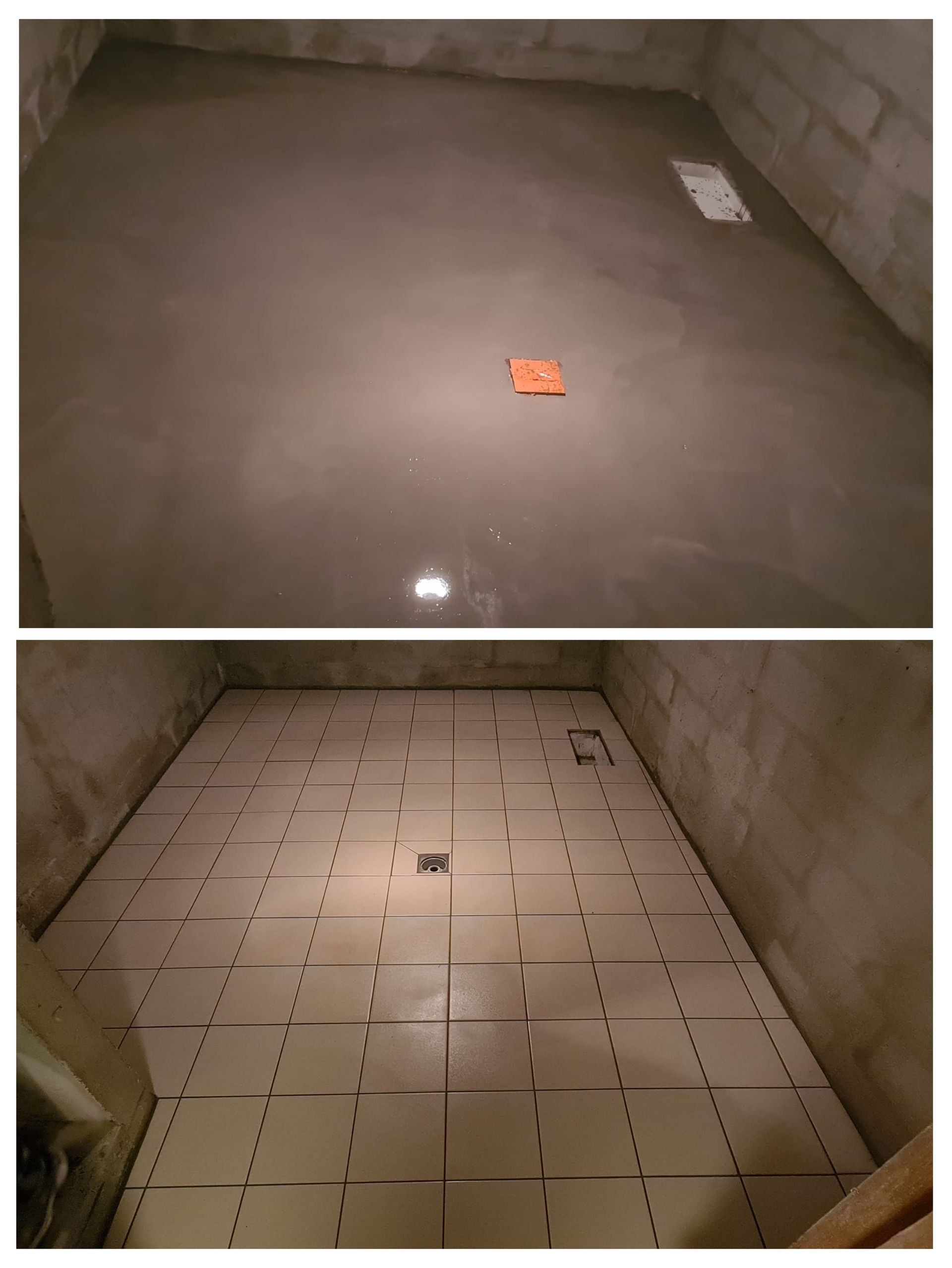 Image en deux parties : l'une montrant une pièce en béton humide, l'autre la même pièce avec un sol carrelé