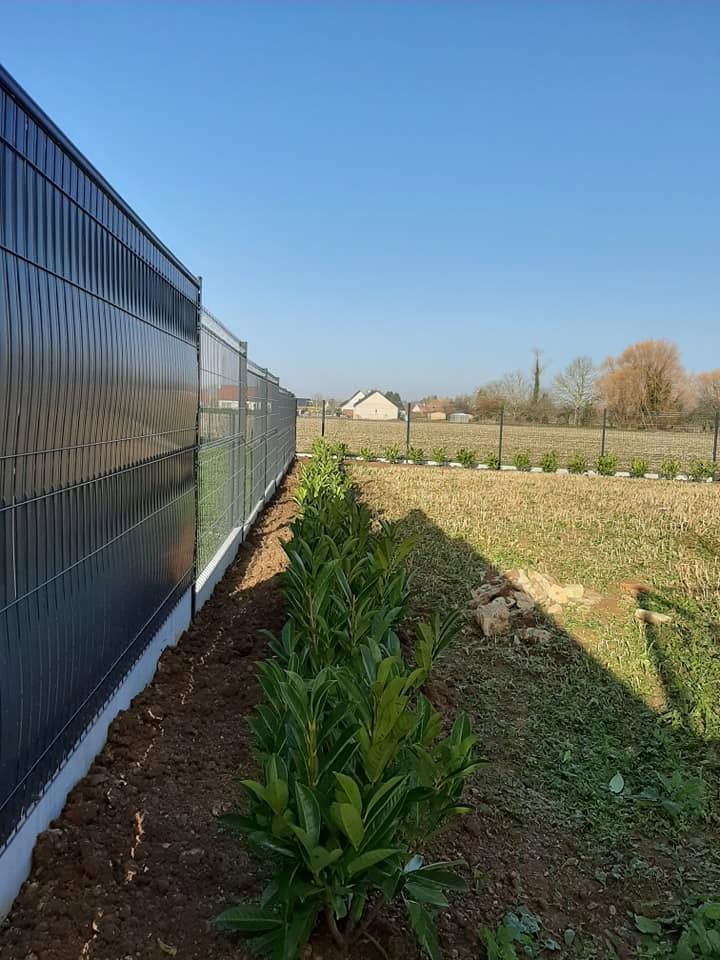 Longue clôture métallique longeant un champ herbeux, avec une rangée de plantes vertes sous un ciel bleu dégagé.