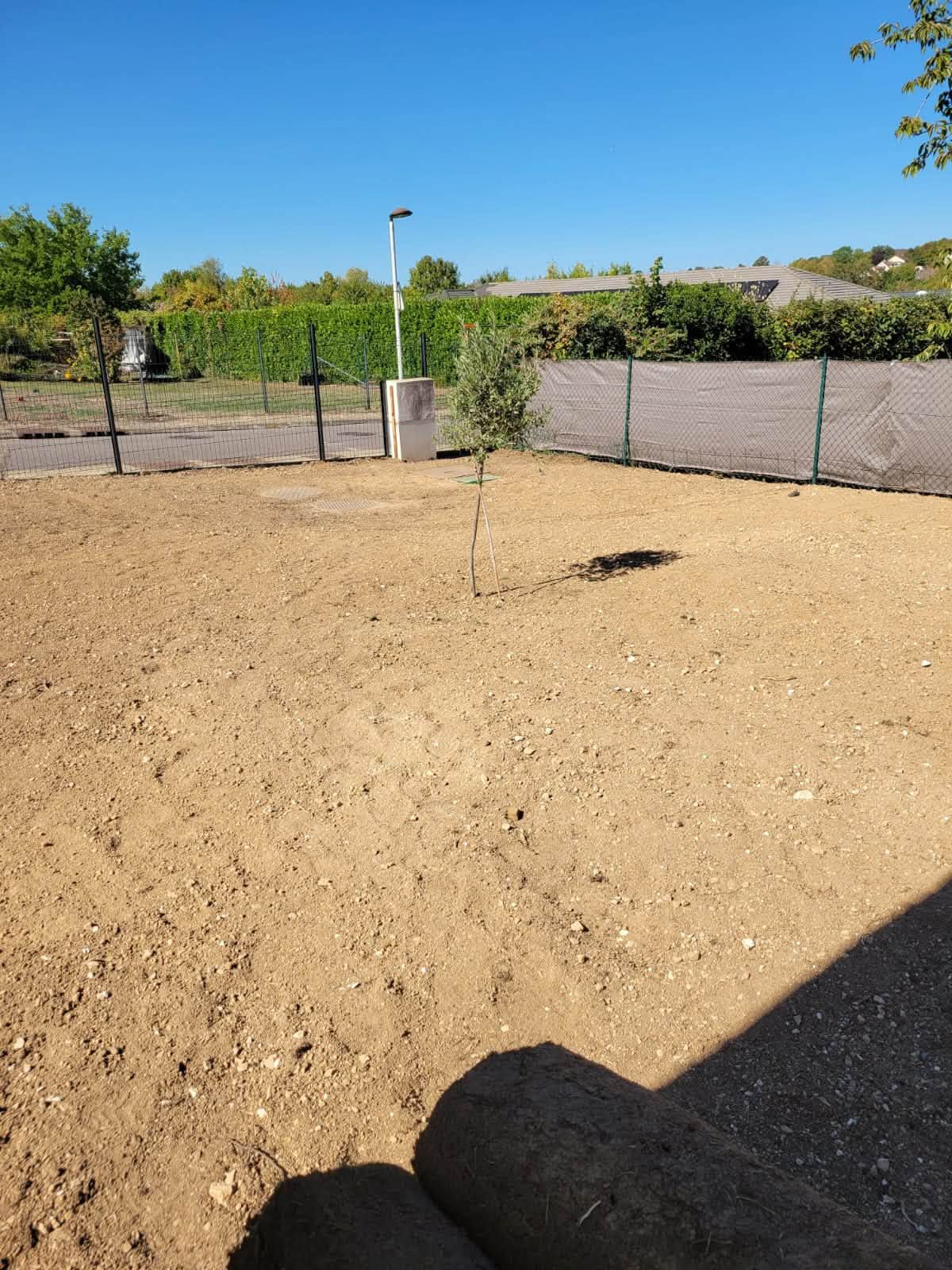 Terrain vague entouré de murets et d’arbres, sous un ciel bleu dégagé