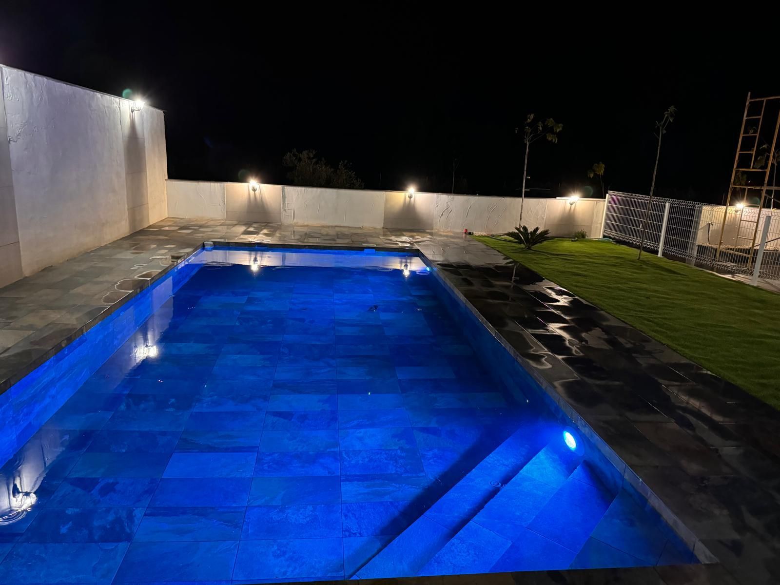 Vista nocturna de una piscina rectangular con iluminación azul, rodeada de un patio de concreto y un muro corto con luces.