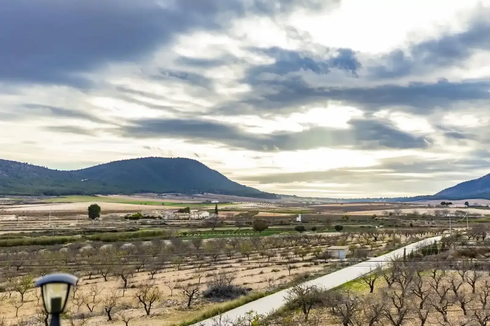 Vista de un valle con montañas, un camino y árboles desnudos bajo un cielo nublado.