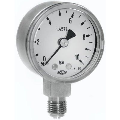 Druckmessgerät mit weißem Zifferblatt und schwarzen Markierungen, das einen Messwert von ca. 4 bar anzeigt. Es verfügt über ein Edelstahlgehäuse und einen Gewindeanschluss.