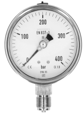 Manometer mit weißem Zifferblatt, Anzeige 100 mbar. Gehäuse und Verschraubung aus Edelstahl.