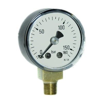 Manometer mit weißem Zifferblatt, schwarzer Nadel und Markierungen von 0 bis 160 bar. Das Manometer hat ein Metallgehäuse und einen Messinganschluss.