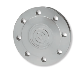 Ein metallischer runder Flansch mit acht Bolzenlöchern und konzentrischen kreisförmigen Rillen in der Mitte.