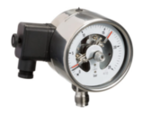 Druckmessgerät mit rundem, weißem Zifferblatt, Nadel und schwarzem elektrischen Anschluss.