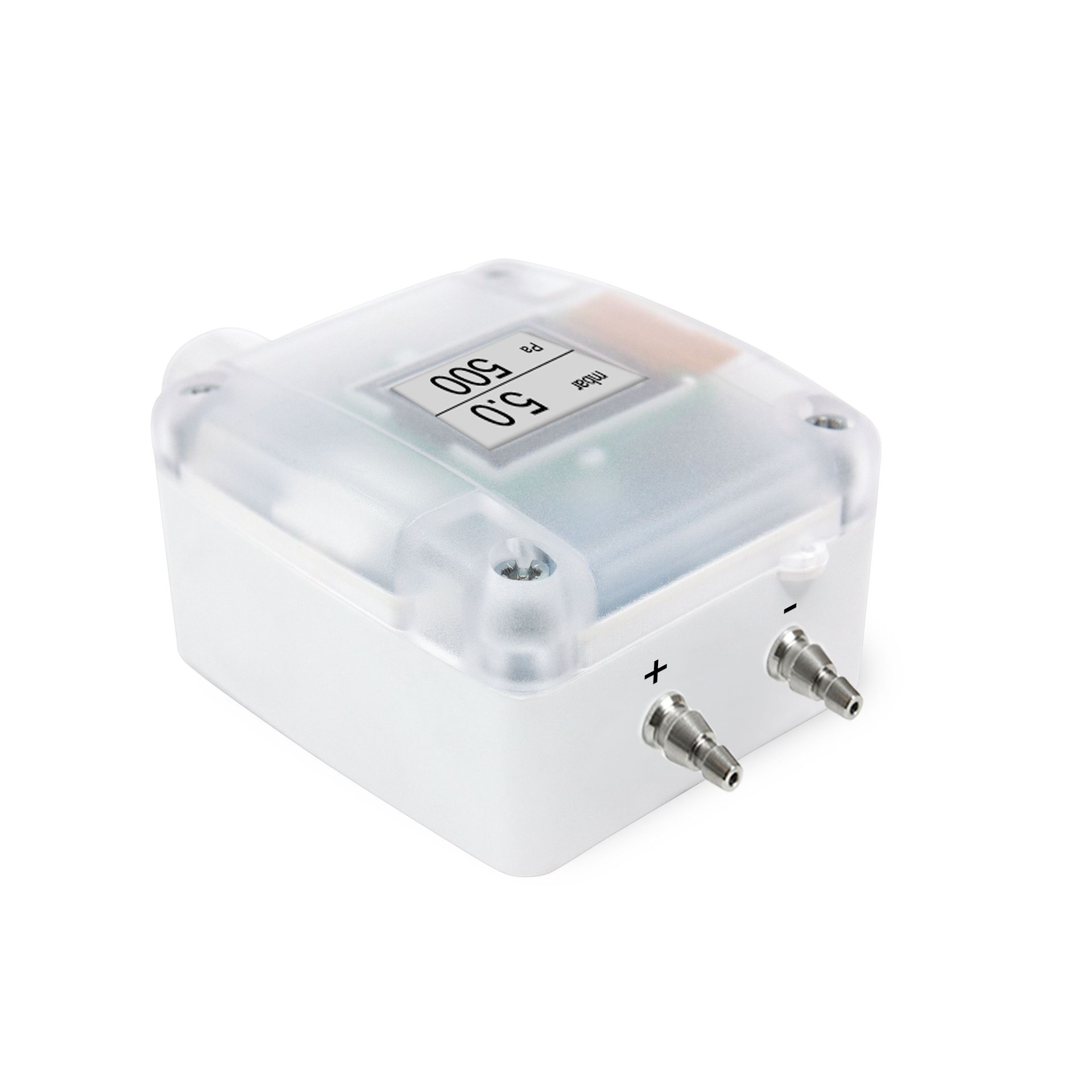 Weißer, rechteckiger Drucksensor mit transparenter Oberseite und digitaler Anzeige. Zwei Metallanschlüsse ragen seitlich heraus.
