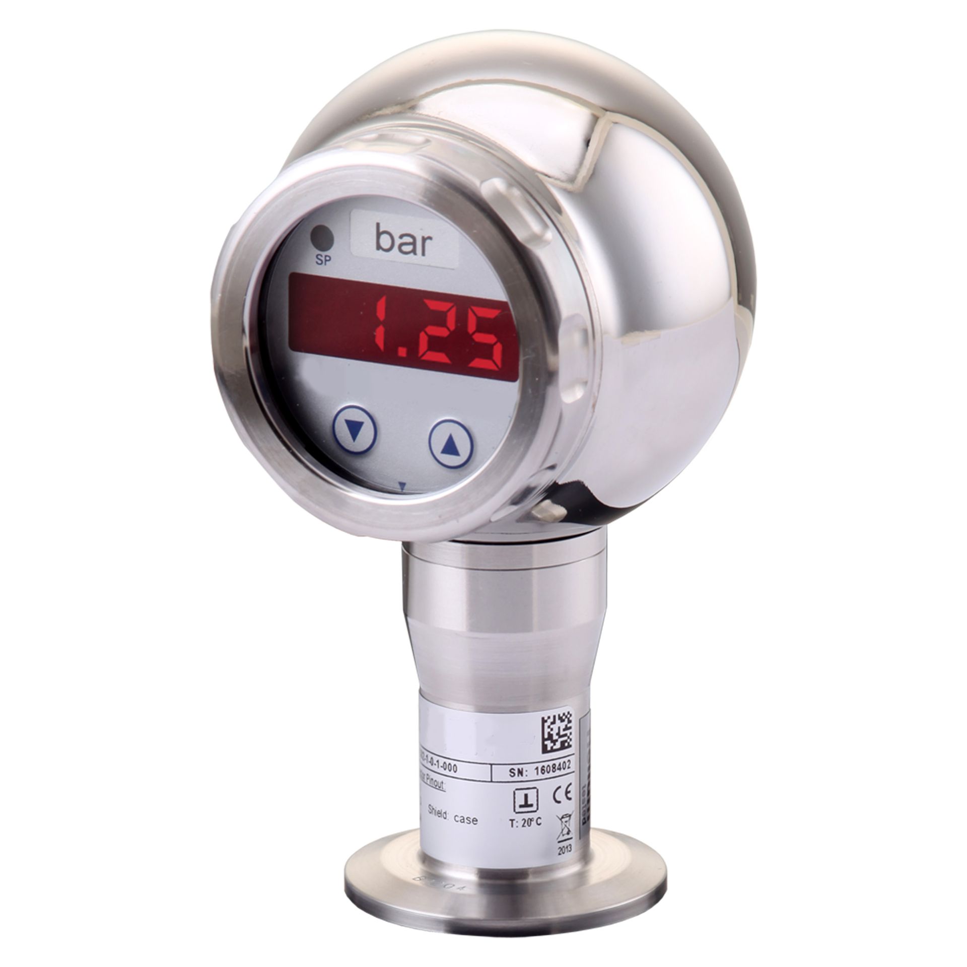 Drucksensor aus Edelstahl mit Digitalanzeige „1,25 bar“.