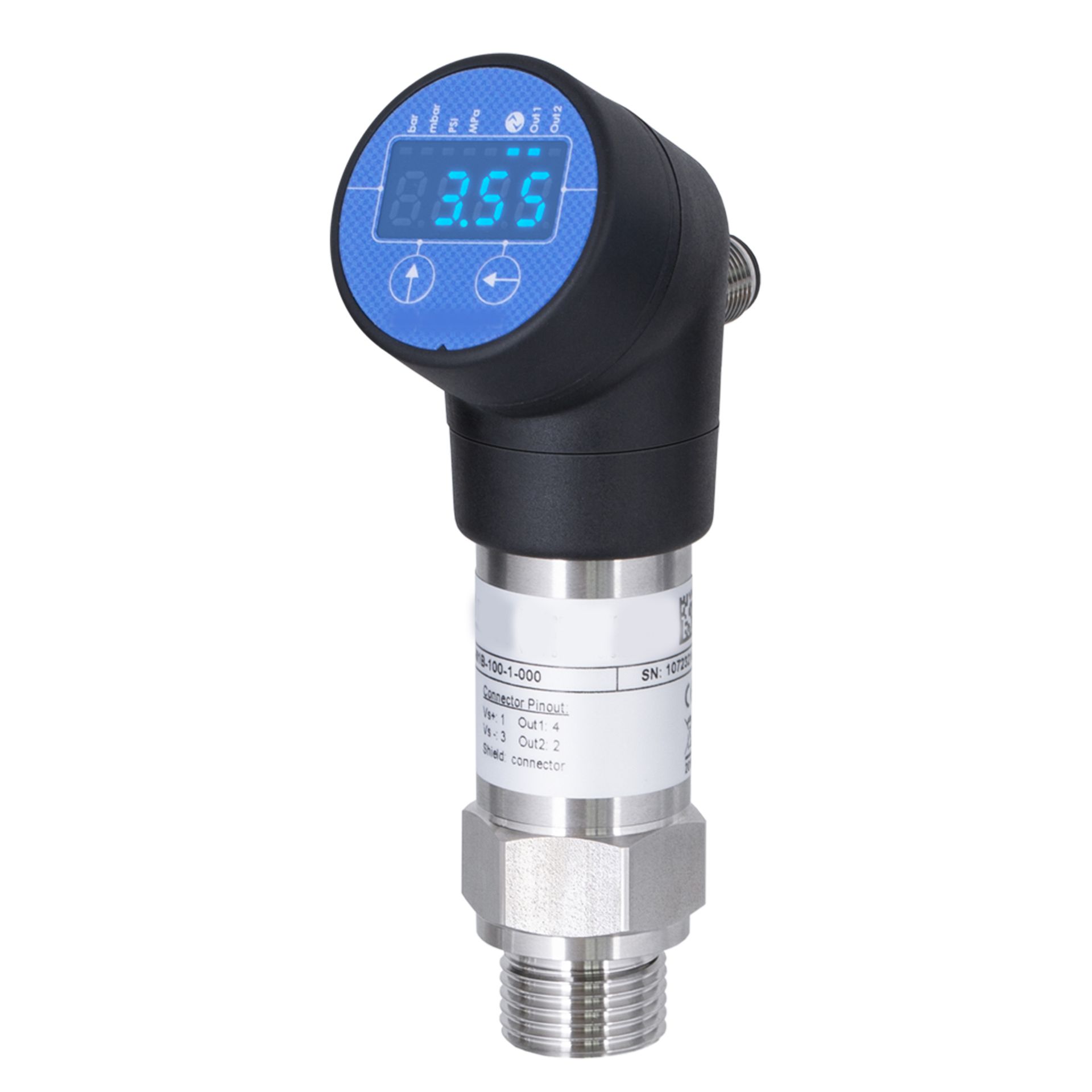 Ein Drucksensor mit einer Digitalanzeige von „3,55“. Er hat ein blau-schwarzes Gehäuse und eine silberne Gewindebasis.