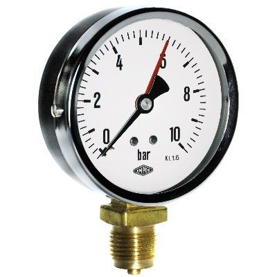 Druckmessgerät mit einem Messwert von 6 bar. Es hat ein weißes Zifferblatt, schwarze Zahlen und eine rote Nadel.