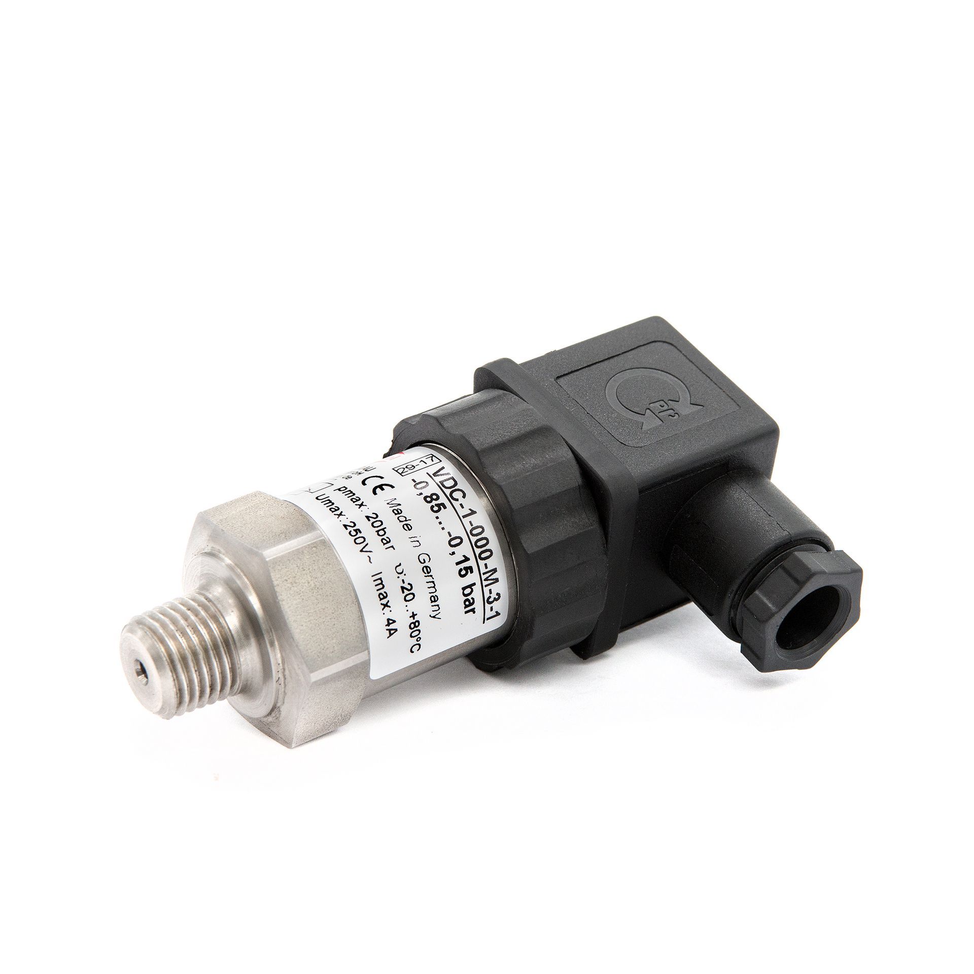 Drucksensor mit silbernem Gehäuse, schwarzem Stecker und beschriftetem Zylinder; vor weißem Hintergrund.