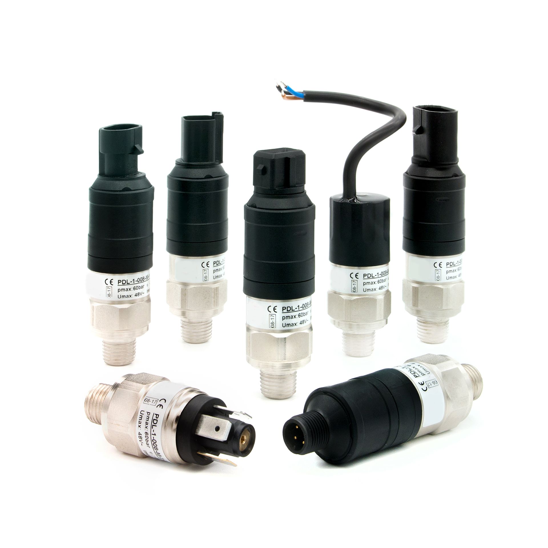 Verschiedene Drucksensoren mit schwarzem Gehäuse und silbernen Anschlüssen. Sie verfügen über unterschiedliche Anschlüsse, darunter Kabel und elektrische Stecker.