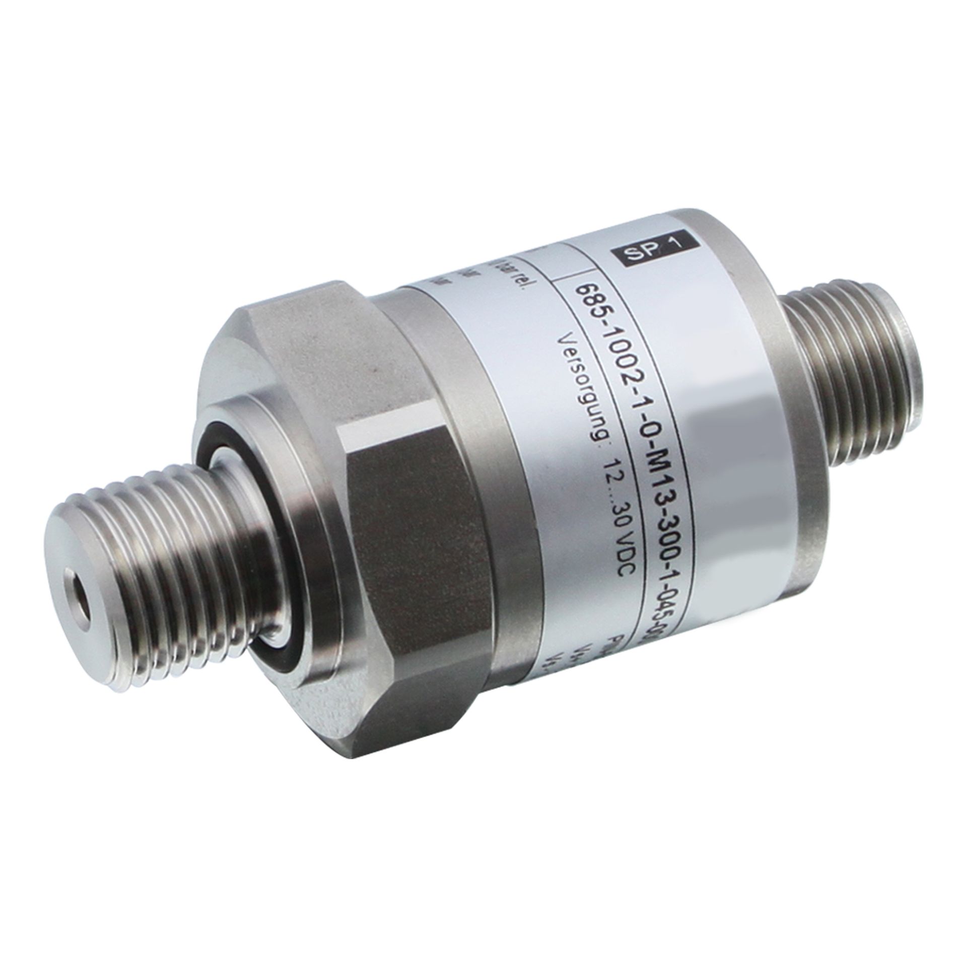 Ein zylindrischer Drucksensor mit Außengewinde an beiden Enden und einem Etikett mit Modellinformationen. Er besteht aus Edelstahl.