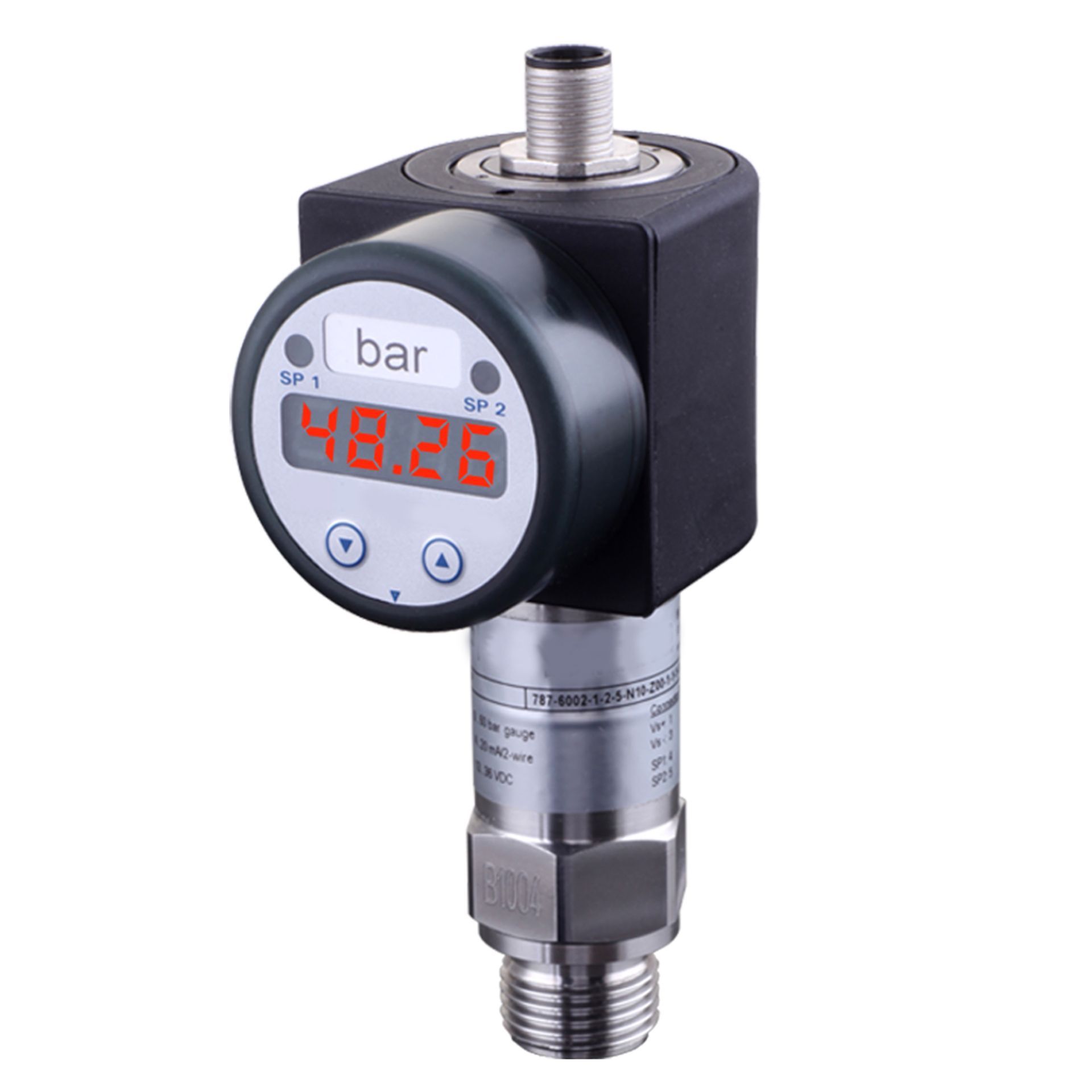 Digitaler Drucksensor mit der Anzeige „48,26 bar“ und roter LED-Anzeige. Es handelt sich um ein Industriegerät aus schwarzem Edelstahl.