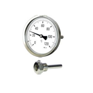 Ein rundes Zifferblattthermometer mit silbernem Gehäuse, das die Temperatur in Celsius misst. Der Fühler ist separat und befindet sich unterhalb des Zifferblatts.