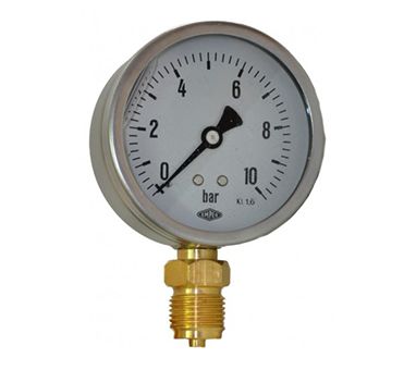 Manometer, rundes Zifferblatt mit schwarzer Nadel, die auf 4 bar zeigt, mit Messinganschluss.