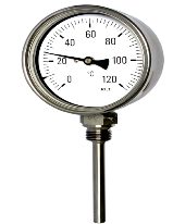Thermometer mit rundem, weißem Zifferblatt, das 20 Grad Celsius anzeigt, mit einer nach unten ragenden Metallsonde.