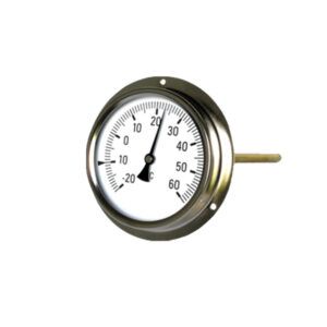 Thermometer mit einer Temperaturanzeige von ca. 23 Grad Celsius. Es verfügt über ein rundes Zifferblatt mit einer Nadel und ein silbernes Gehäuse.